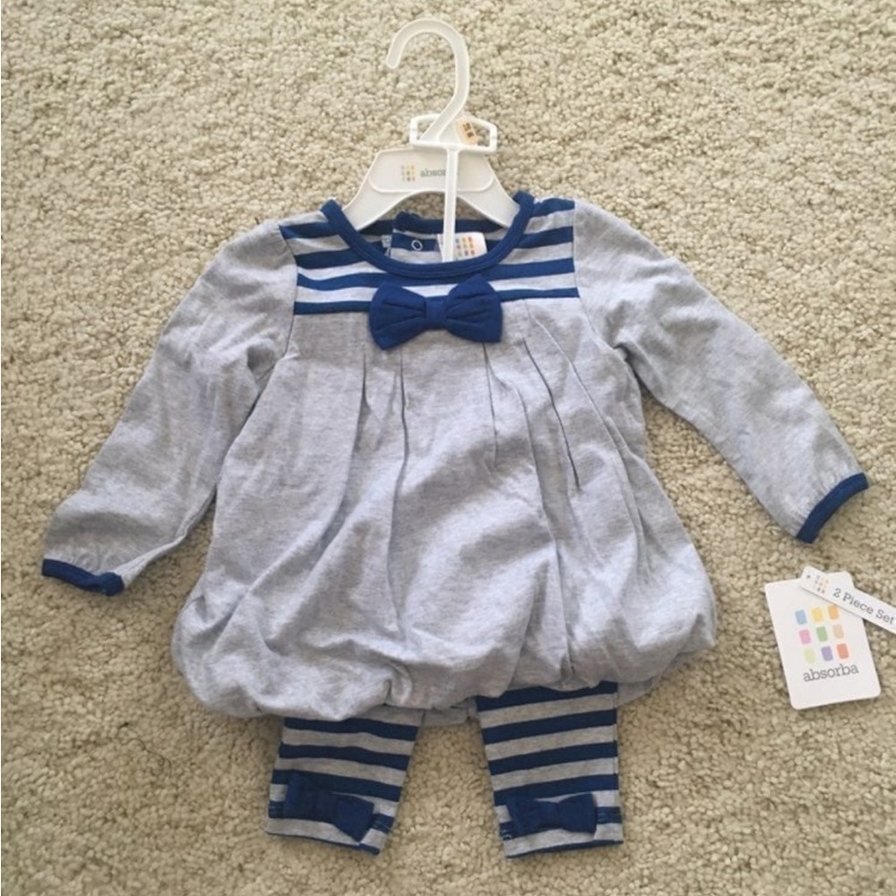 New absorba outfit set matching legging bow stripe bubble shirt pant 12 months